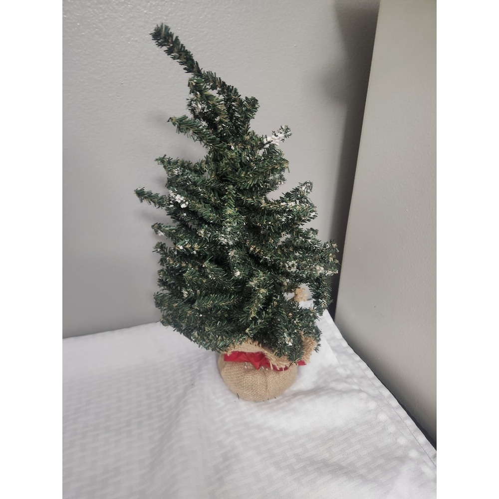 Miniature Tabletop Christmas Tree Burlap Base Flocked Snow Red Ribbon Decor